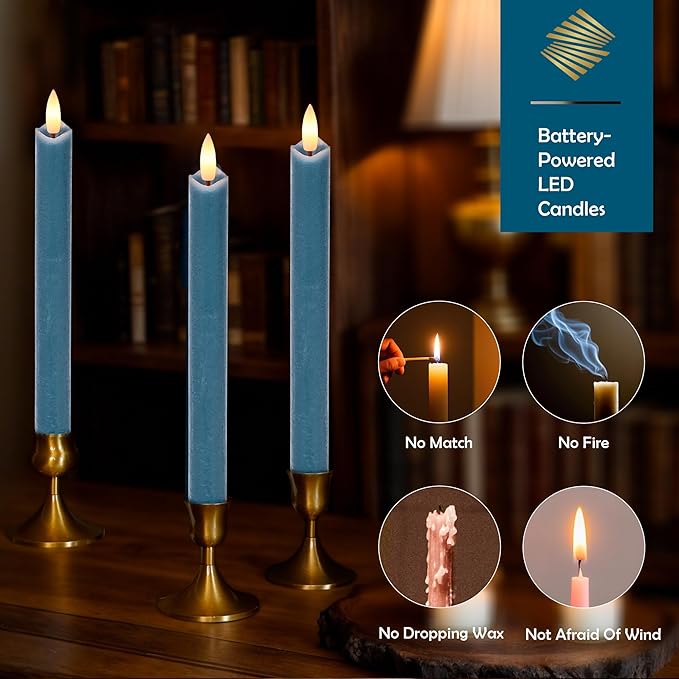Flameless Taper Candles with Remote, Real Wax Battery Operated LED Candles Set with 3D Flickering Flame, 9.6" Realistic Dripless Candlesticks for Wedding Home Decor, 3 Pack Blue