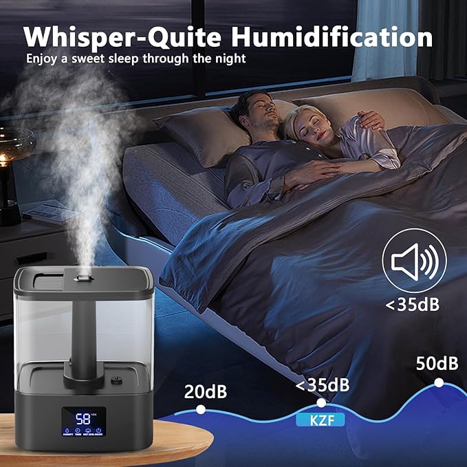 KZF 4L Top Fill Humidifiers for Bedroom & 60H Runtime - Cool Mist Humidifier, 3 Mist Levels, 8H Timer, Essential Oil Tray, Humidity Display, Quiet for Bedroom, Baby, Plants, Large Room (Black, 6L)
