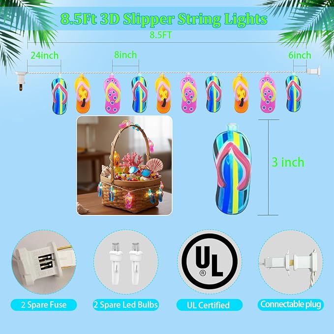 8.5Ft Summer Beach Themed Lights, 10L LED Flips Flops String Lights Plug in for Indoor and Outdoor Holiday Summer, Luau Aloha Hawaiian Tropical Party Décorations.