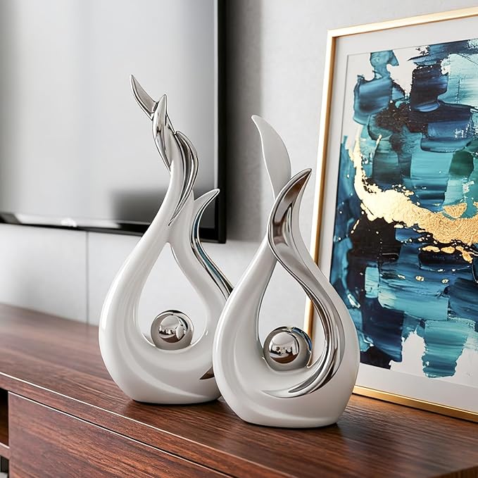 White and Silver Abstract Ceramic Sculptures 2 Set,Modern Home Decor Dining Table Objects,Silver Room Decor for Coffee Table, Shelf, Dining Room, Kitchen, Tv Stand, Entryway Or Desktop Display