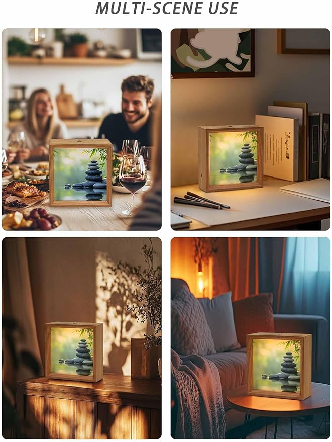 Wood Night Light Box 4.5x4.5in,Zen Meditation Stone Lake Table Lights Wooden Picture Frame with USB Rechargeable Touch LED Lights for Home Decor Desktop Display,Nature Landscape Still Life