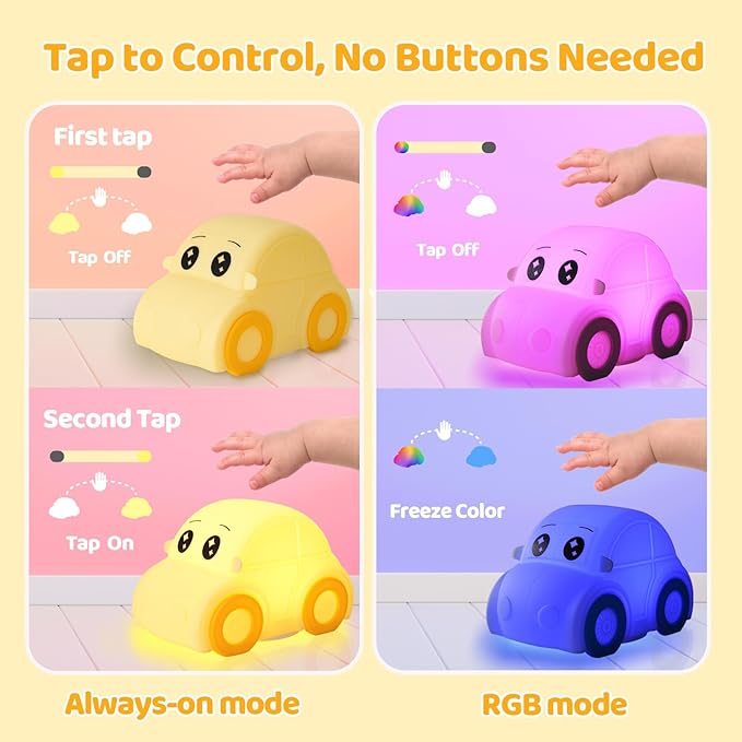 Cute Baby Toddler Car Kids Night Light for Kids, Dimmable+1800mAh Rechargeable+Timer+Portable+Silicone+Squishy, Touch Breastfeeding Bedside Night Lamp, Funny Girls Boy Gifts