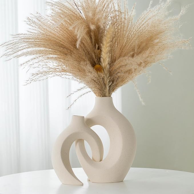 Ceramic Vases for Home Decor Set of 2, Off White Boho Small Flower Vase, Minimalist Decorative Modern Donut Vase for Living Dining Room Office Entryway Book Shelf Coffee Console Table Décor