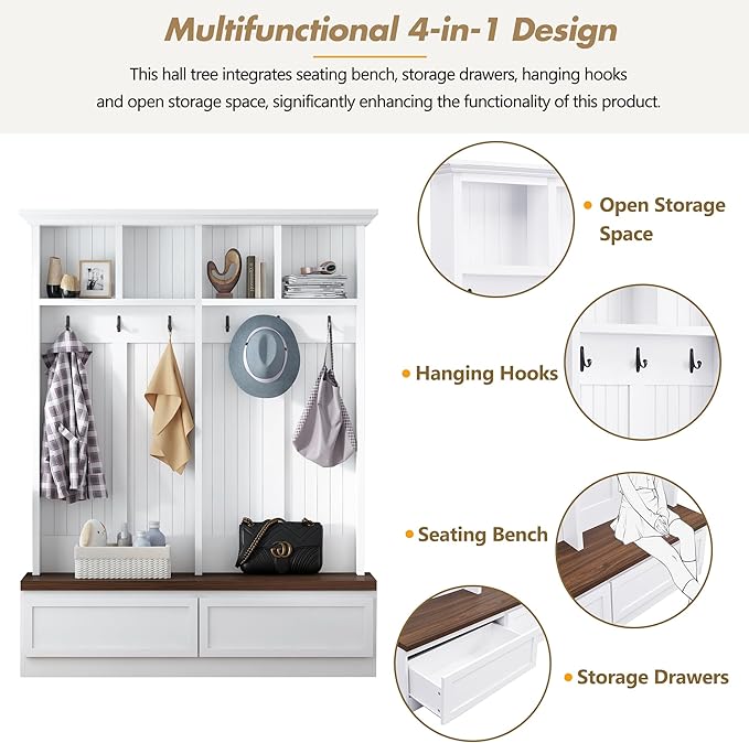 LUMISOL Farmhouse Hall Tree with Storage Bench for Entryway, 4-in-1 Hallway Coat Rack with 6 Hanging Hooks, Shoe Cabinet with Open Compartments and 2 Large Drawer, for Mudroom, White