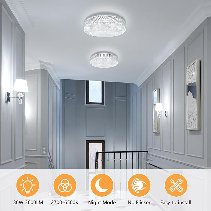 OOWOLF Flush Mount LED Ceiling Light Fixture, 2700K-6500K Super Bright 36W 3600LM 13.78 Inch Dimmable Warm/White Light Kitchen Light Modern Ceiling Lamp for Bedroom Bathroom, Chandeliers with Remote