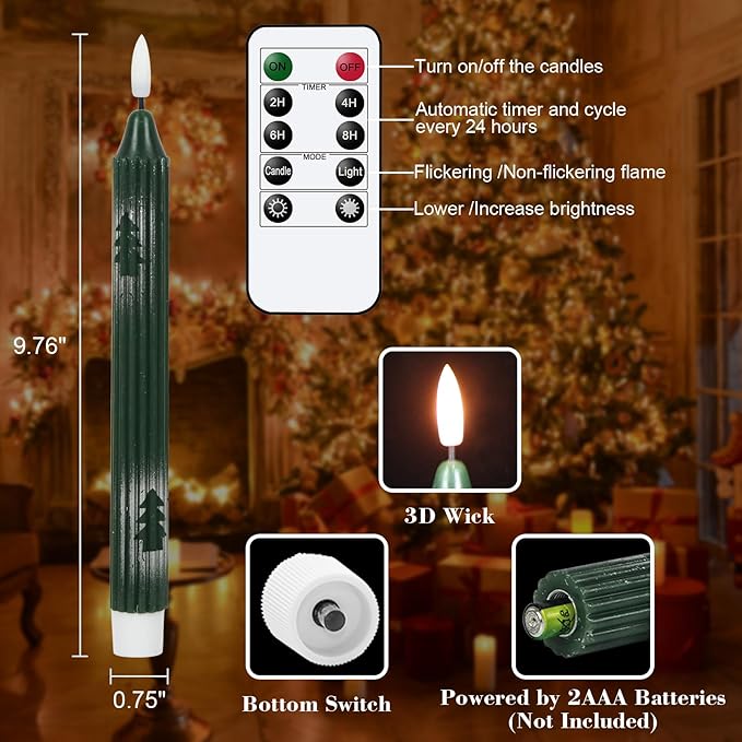 Wondise Christmas Flameless Taper Candles with Remote and Timer, Battery Operated 3D Wick Real Wax LED Candles with Painted Christmas Tree 6 Packs for Christmas Holiday Decor(0.78 x 9.45 Inch)