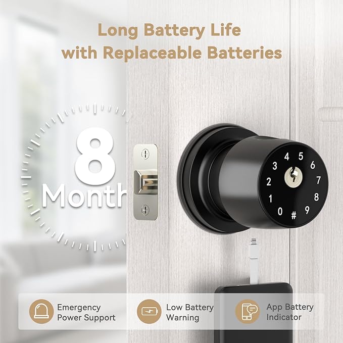 IRONZON Fingerprint Door Knob for Bedroom - 291Y 4-in-1 Keyless Bedroom Door Knob smart Door knob with App, One-tap Privacy Mode Setup, Auto-Lock Easy to Install - Matte Black