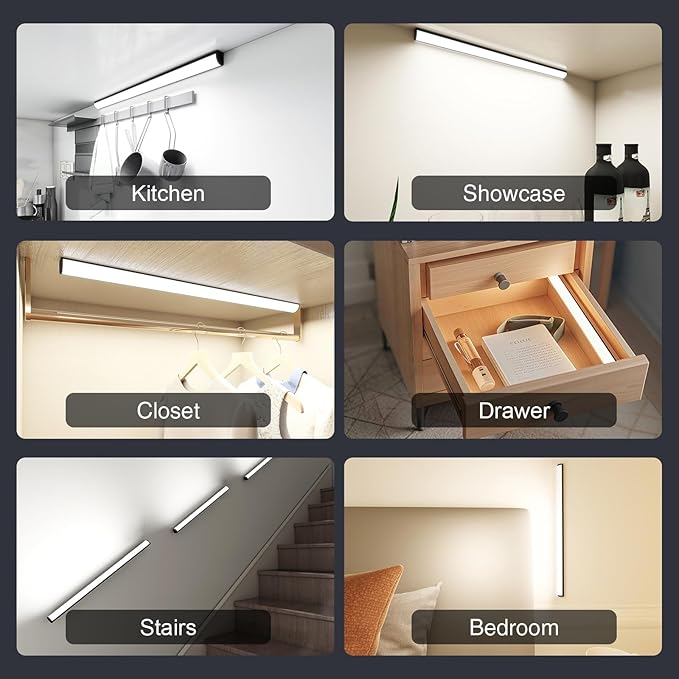 Under Cabinet Lighting Wireless with Remote,Rechargeable Battery Operated Closet Lights,3 Color Magnetic Dimmable led Strip Lights,Under Counter Lights for Kitchen,Shelf,Bedroom (Black, 40cm)