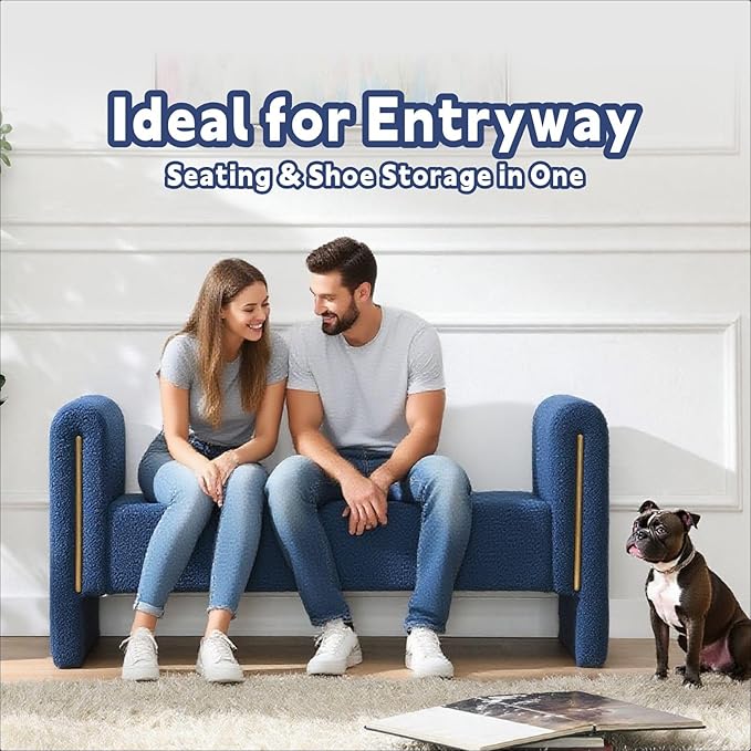 Modern 52" Storage Ottoman Bench, Upholstered End of Bed Storage Bench with Armrests, Entryway Bench, Teddy Foot Rest Stool for Living Room Hallway Bedroom (Navy Blue)