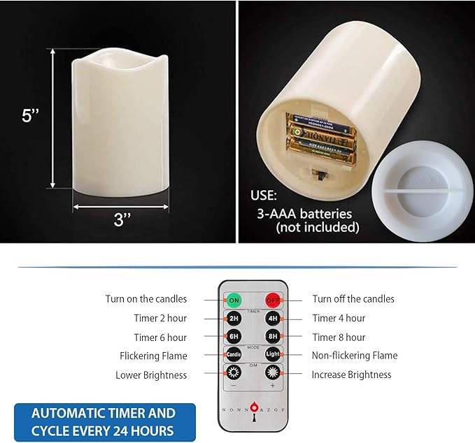 NONNO&ZGF 3 X 5'' Outdoor Waterproof Flameless Candles, 3 Pack, Warm White LED Resin Rainproof Pillar Battery Candle with Remote Control/Timer