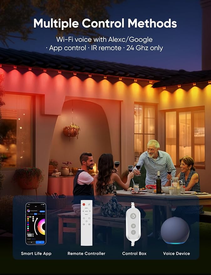 Smart Permanent Outdoor Lights, RGB with IC + Warm White 2700K, Under-Eave Lighting, Wi-Fi/Voice/Remote Control, 100ft/72 LEDs/IP67 Light / IP65 Controller, 111+ Scenes/Music Sync, Alexa/Google