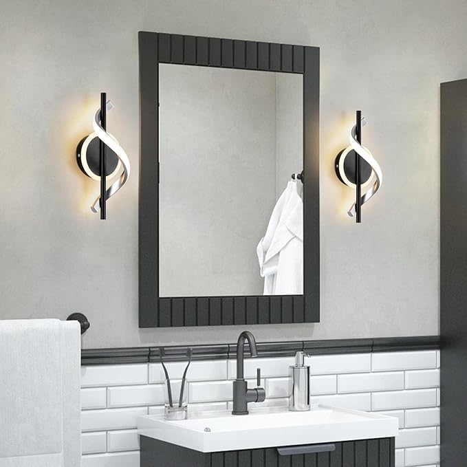 Black Wall Sconces Sets of 2, 12W Modern Spiral LED Wall Lamp, 3000K Warm White Wall Light Fixture for Stairs Living Room Bedroom Aisle Hallway
