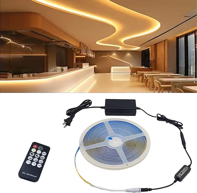 50ft 3000K DC 24V COB LED Strip Light ETL Listed, 0-100％ Brightness Dimmable Bright Warm White Led COB Strip Light, Led Strip Light for Stair, Cabinet, Room(Include AD/DC Adapter and Remote)