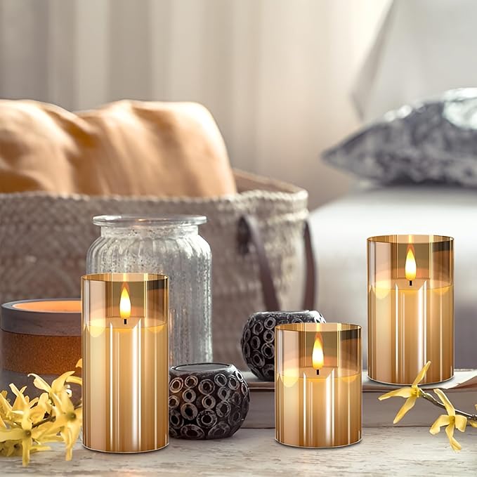 Glass Flameless Candles with Remote and Timer, Battery Operated Candles, LED Pillar Candles, Electric Fake Candles, Real Wax Set of 3, Christmas Home Wedding Birthday Decor(Gold)