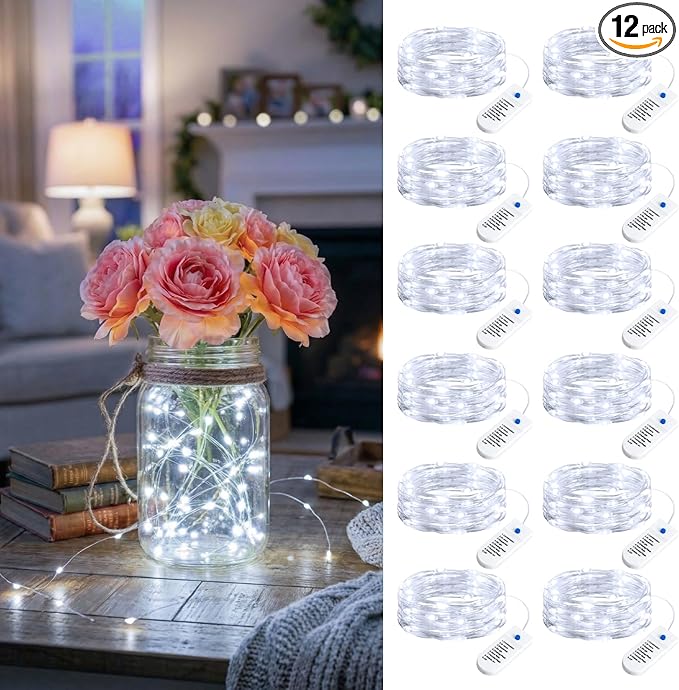 Minetom 12 Pack Fairy Lights Battery Operated String Lights 8 Modes, 7ft 20LED White Waterproof Silver Wire Twinkle Lights, Firefly Starry Moon Lights for Mason Jars DIY Christmas Wedding Party