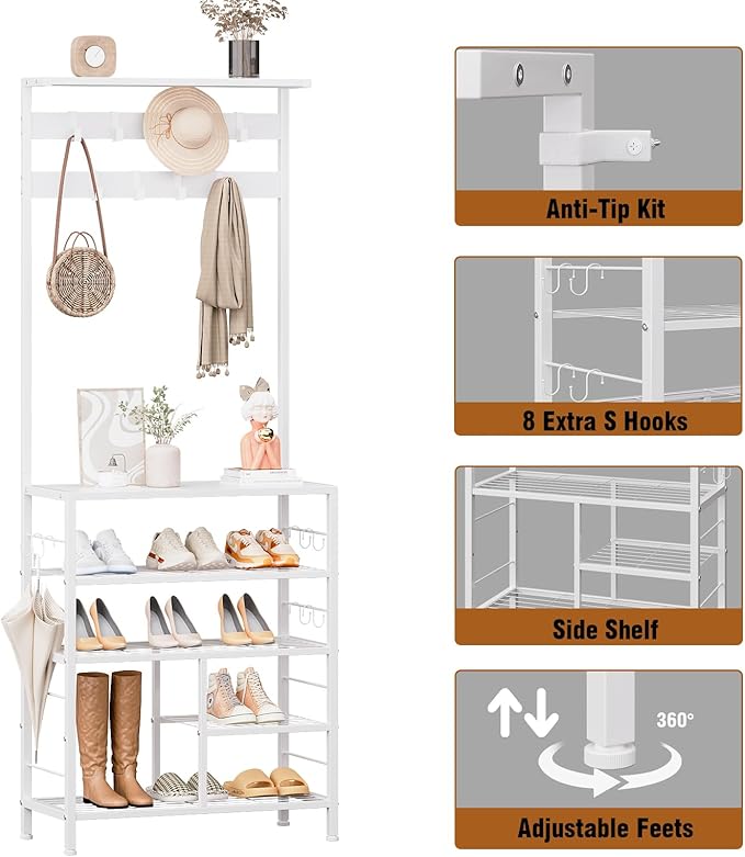 GiftGo Modern White Large 5-Tier Hall Tree Entryway Wooden Shoes Rack Shelf Coat Rack with Movable 9 Metal Hooks Storage Organizer for Home Office Bedroom Mudroom Living Room