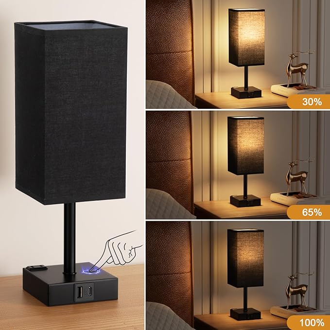 aooshine Black Bedside Lamp for Nightstand - Touch Table Lamp with Type C + A and AC Outlet, Square Charging Lamps for Bedroom Decor, Dorm Lamp for Men, E26 Bulb Included (3000K)