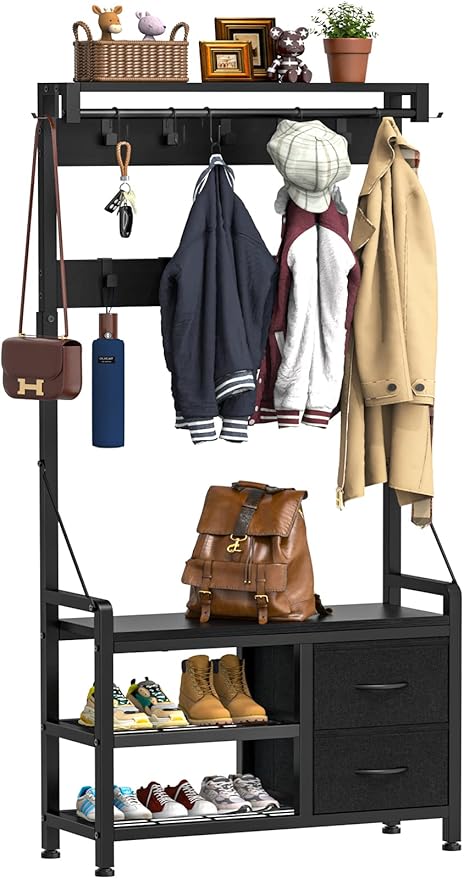 Lulive Hall Tree, 31.5” Entryway Bench with Coat Rack freestanding, 5 in 1 Intelligent Design Shoe Bench and Wall Rack 17 Hooks and Drawers (Black)
