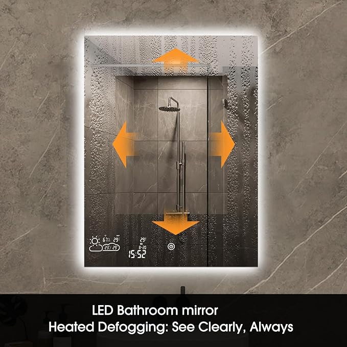24X40 LED Bathroom Mirror with Lights, WiFi Smart Bluetooth Lighted Vanity Mirror for Bathroom with Backlit 2 Colors Dimmable Enabled Weather Display, Anti-Fog Vertically Hang Only