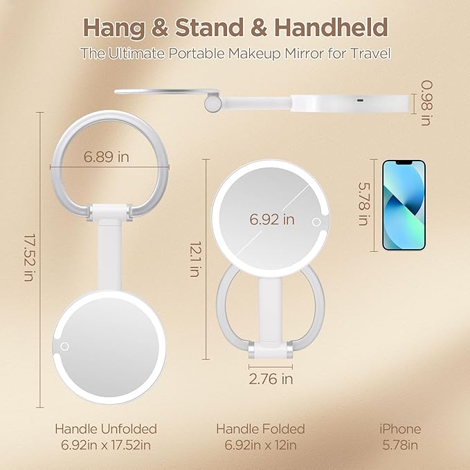 Portable Travel Makeup Mirror with Lights - 3 Color Dimmable Lighting, 360° Rotation, Rechargeable Double-Sided 1X/10X Magnifying Mirror, Adjustable Brightness for Tabletop, Home & On-the-Go Use