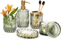 EMPO 6PCS Bathroom Clear Glass Accessories Set (Lotion Soap Dispenser, Soap Dish, Toothbrush Holder, Tumbler, Cotton Swab Jar), Contemporary Modern Decor Crystal Vintage Gift (6pcs Green)