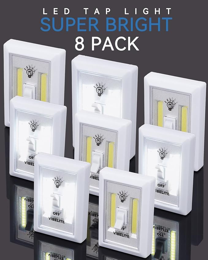 VIBELITE Closet Light, Battery Operated Switch Light, Tap Light, Touch, Push Night Lights, Wall Wireless Mount Under Cabinet, Shelf, Shed, Kitchen, Garage, Attic, RV, Lighting Installations (8-Pack)