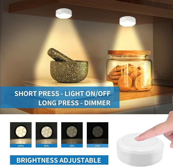 LEASTYLE Puck Lights with Remote, Battery Operated Under Cabinet Lighting with Dimmable Timer, 3000K Stick-On Closet Light Under Counter Lights for Kitchen,White (1 Pack)