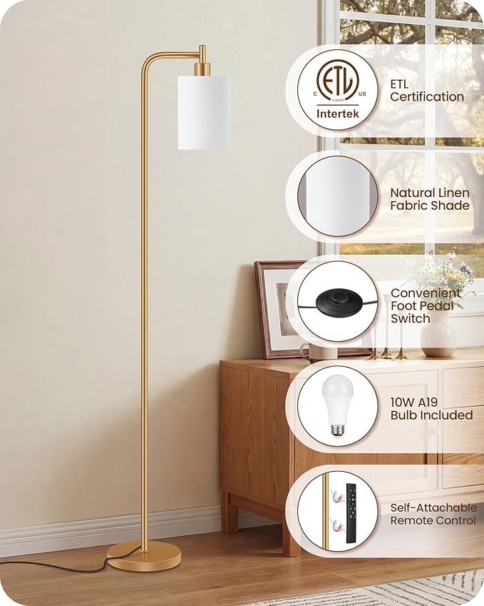 2Pack Dimmable Floor Lamp for Living Room with Remote and Foot Switch, Modern Standing, Corner Lamp,10W Bulb 3 Color Temperatures, for Bedroom, Office, ETL Listed, Gold and White DCW19LDP205