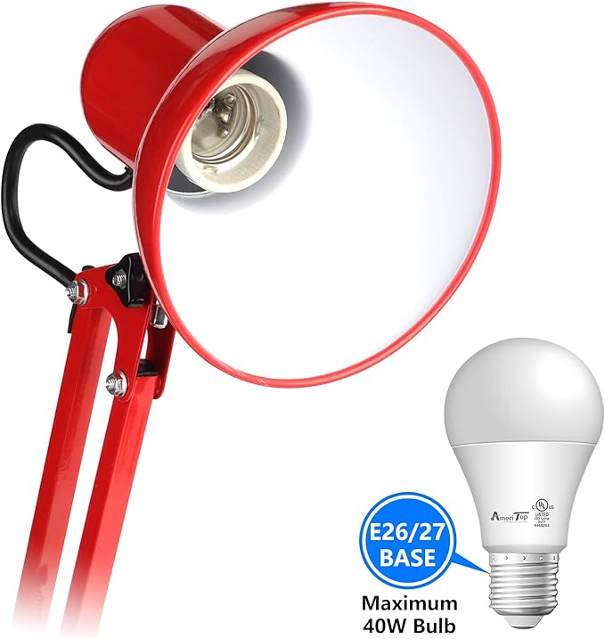AmeriTop Metal Desk Lamp, Adjustable Swing Arm Table Lamp with Interchangeable Base Or Clamp; Eye-Caring Desk/Clip Reading Lamps for Bedroom, Study, Office (Red)