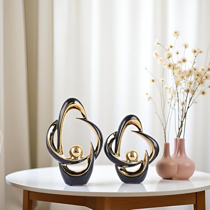 XMGZQ 2PCS Home Decor Accent Ceramic Statue Abstract Sculptures Centerpieces Mid Century Modern Decor for Tables Coffee Table top Decorations for Living Room Desktop Shelf Dining Room Kitchen (Black)