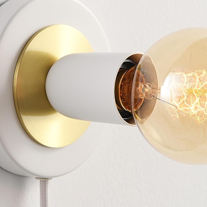 BRIGHTTIA Luna 1-Light Plug-in Wall Sconce - Mid Century Modern Minimalist Bedroom Home Office Lighting - Portable Wall Lamp for Apartments & Small Spaces with No J-Box - White & Gold (BW0026-1WGP)