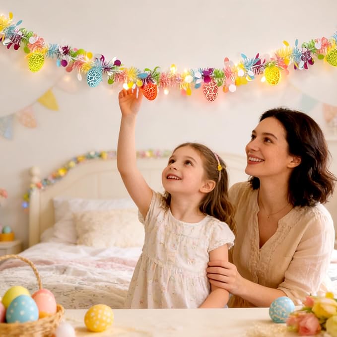 8.5Ft Easter Garland Lights with 10L LED Easter Egg String Lights Plug in and Pastel Tinsel Spring Garland Decorations for Indoor Holiday Home Bedroom Classroom Easter Decor