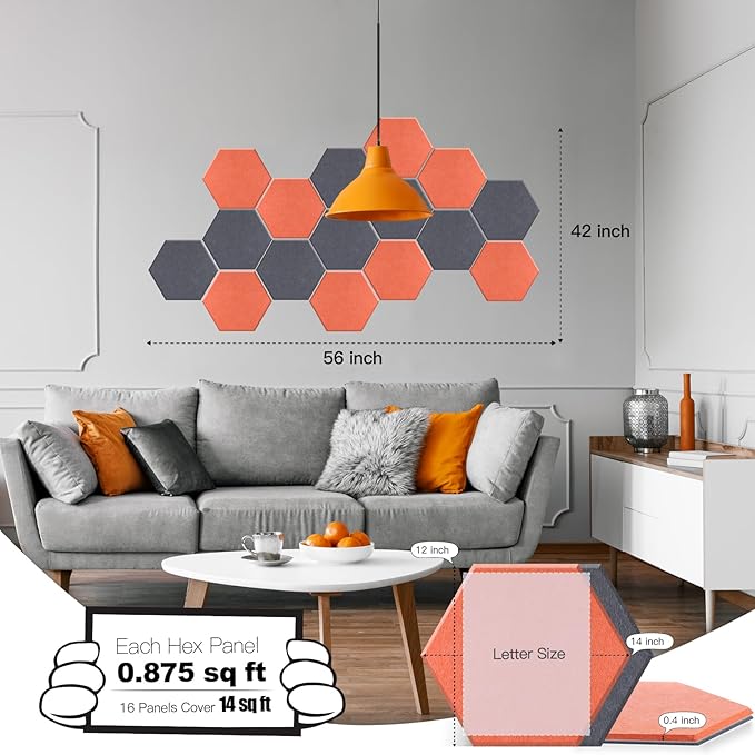 Mollywell Hexagon Acoustic Panels 14x12 - Reduce Echo & Reverb, Noise Blocking Wall Tiles for Studio & Home Office, Moon Gray & Orange Sound Absorbing Panels