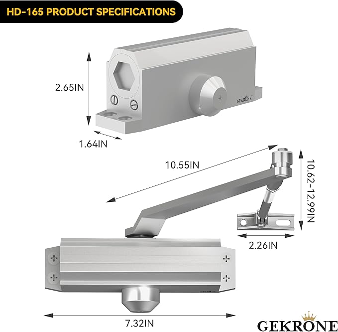 Automatic Door Closer Heavy Duty Spring Size 2 Hydraulic Aluminum Alloy UL 3-Hour Fire Rating Surface Mounted Home Commerical Door Closures Hold Open Adjust Speed Door Weights 88-144 Lbs