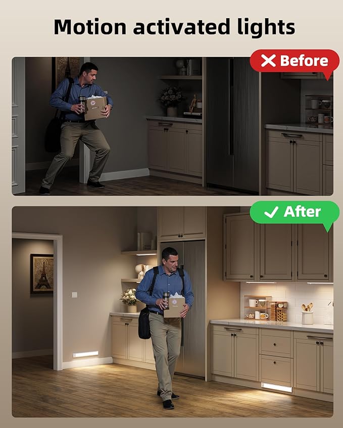 16inch Under Cabinet Lighting, 6Pack Rechargeable Motion Sensor Light Indoor, Magnetic Closet Lights with Dimmable & 3 Color Temps, Wireless Under Counter Lights for Kitchen, Stairs