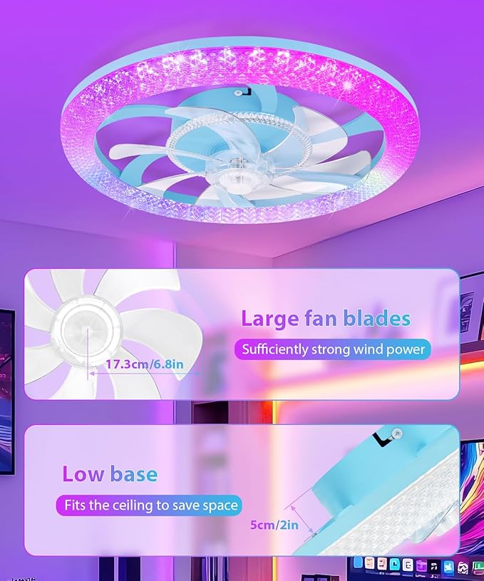2 in 1 Wifi RGB-LED 20” Ceiling Fans with Lights and Remote, 3000-6500K Dimmable Flush Mount Smart Low Profile Ceiling Fan with Lights, Bluetooth Bladeless Fans with APP, for Bedroom, Blue