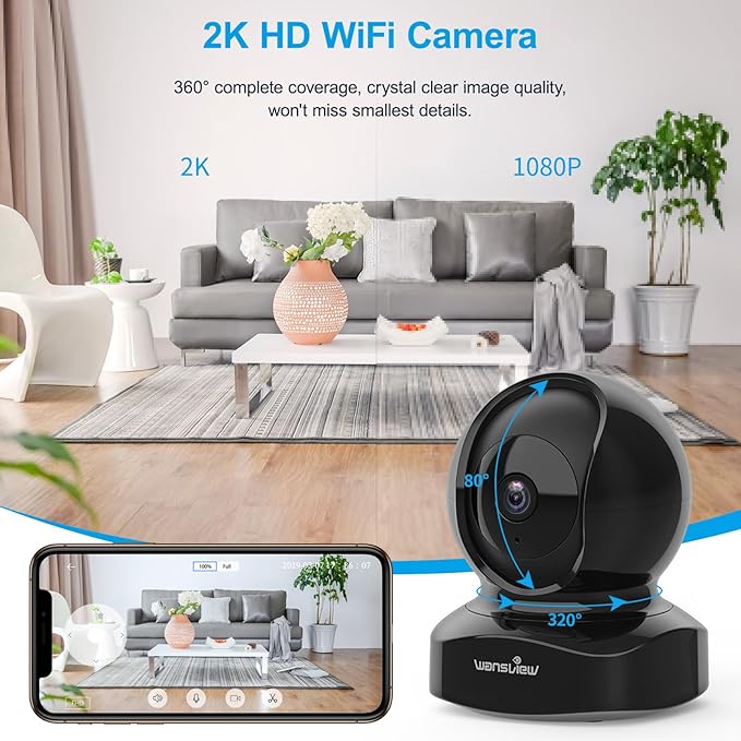 wansview Cameras for Home Security, 2K IP Camera, WiFi Home Indoor Camera for Baby/Pet/Nanny, Motion Detection, 2 Way Audio Night Vision, Compatible with Alexa, with TF Card Slot and Cloud