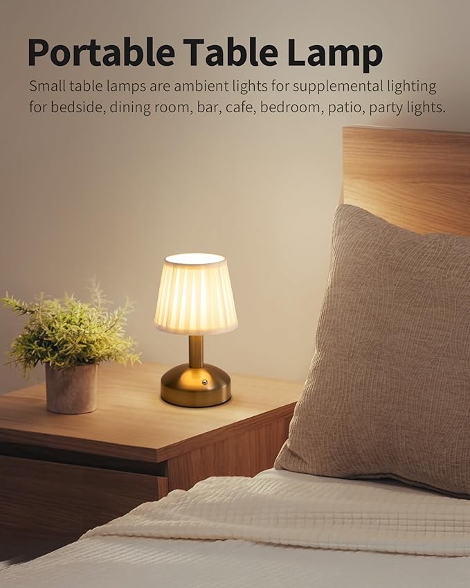 KDG Modern Cordless Small Table Lamp, Portable LED Fabric Shade Desk Lamps, 5000mAh Rechargeable Battery Operated Lighting for Bedroom, Bedside, Bar, Living Room, Dining Room, Night Light(Gold)