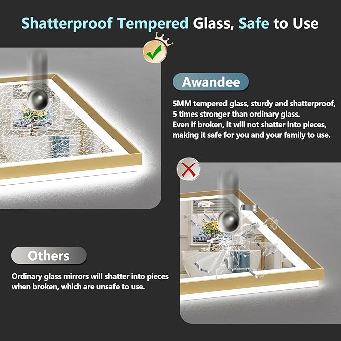 30x36 Gold Beveled LED Bathroom Mirror with Lights, Brushed Gold Framed Backlit and Front Lit Anti-Fog Lighted Vanity Mirrors for Bathroom Wall, Dimmable, 3 Colors, Memory, HD Tempered Glass