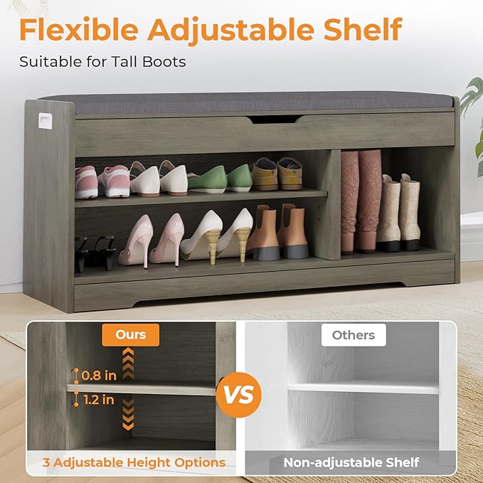 Farmhouse Shoe Storage Bench with Cushion Seat, 3-Tier Entryway Bench with Lift Top Storage and Adjustable Shelf, Bench for Hallway, Bedroom, Grey