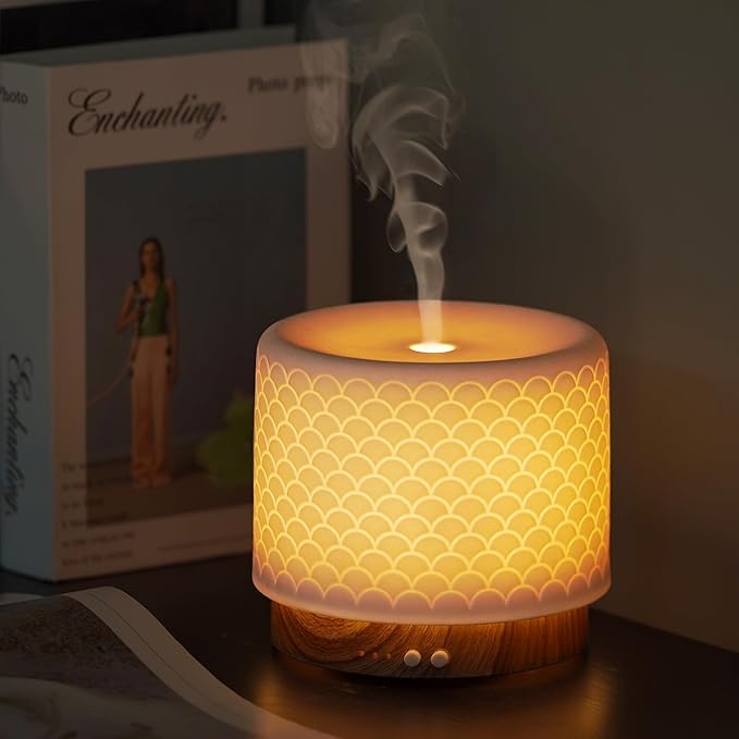 Essential Oil Diffuser -280ml Ceramic Diffuser for Large Room&Commercial Use, 2.4MHz Cool Mist Humidifier & Independent Decorative Light & Aromatherapy Diffuser, Pulse&Continuous Mist, Timer, Auto-Off