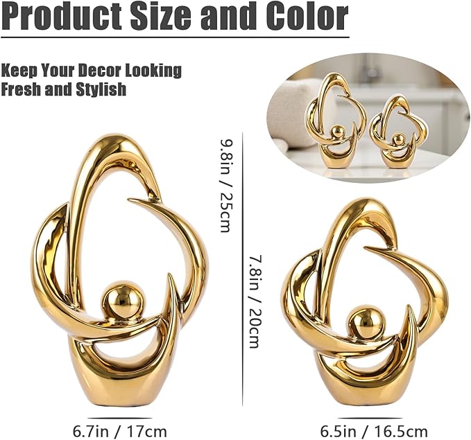 XMGZQ 2PCS Home Decor Accent Ceramic Statue Abstract Sculptures Centerpieces Mid Century Modern Decor for Tables Coffee Table top Decorations for Living Room Desktop Shelf Dining Room Kitchen (Gold)
