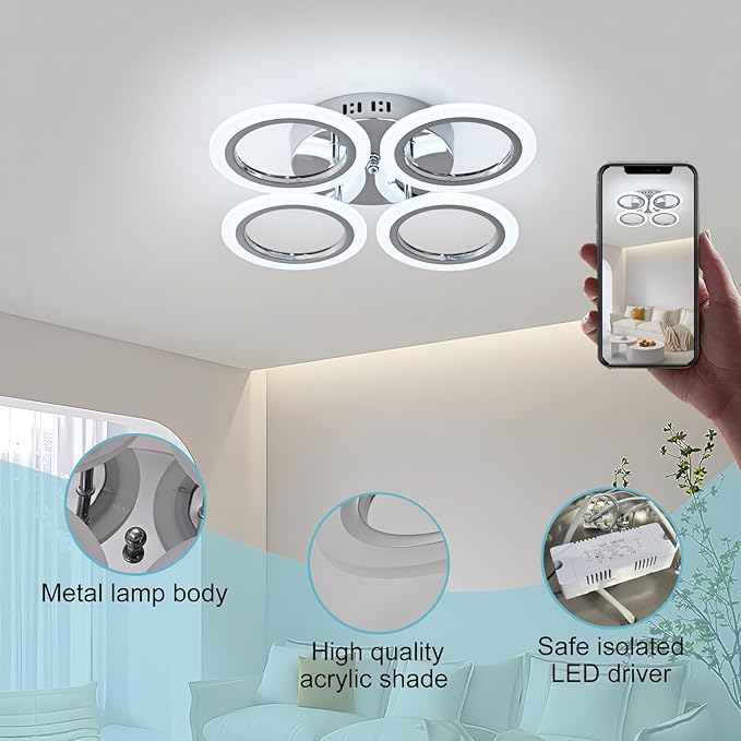 Modern LED Flush Mount Ceiling Light, 4 Rings, Chrome, 6000K for Bedroom, Dining, Living Room, Office