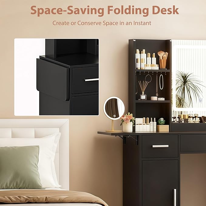 Vanity Desk with Mirror and Lights, 39.37" 4 Drawers Makeup Desk Without Stool, Extra Foldable Desk with 3 Open Shelves Make Up Table for Girls and Ladies Bedroom, Black
