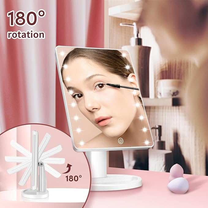 KOOKIN Lighted Vanity Makeup Mirror 16 Led Lights 180 Degree Rotation Lighted Makeup Mirror Touch Screen Adjusted Brightness Desk Mirrors USB Dual Supply Bathroom Light Up Makeup Mirrors (White)