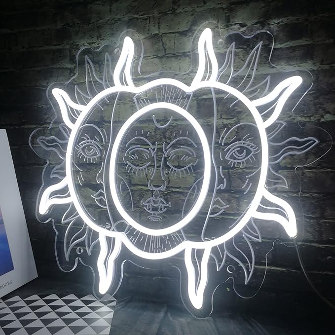 Sun and Moon Custom Neon Sign, 3D Aesthetic Burning Sun Light Hippie Indie Fractal Faces LED Sign Psychedelic Boho Neon Light Mystic Mandala Sign Wall Decor for Bedroom Home Bar Man Cave Parties Gift