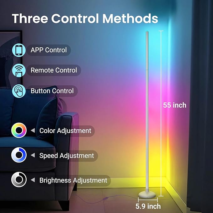 Smart Floor Lamp, RGB LED Corner Lamp with App & Remote, Modern Floor Lamp with 16 Million DIY Colors/Music Sync/Timer, Ambient Lighting Floor Lamps for Bedroom, Living Room, Game Room