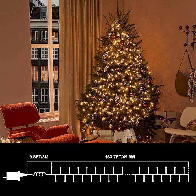 LAMPHOME 165ft Christmas Decorative Mini Lights, 500 LED Transparent Wire Fairy Starry String Lights Plug in, 16Lighting Modes for Indoor Outdoor Xmas Tree Wedding Party Decoration (Warm White)