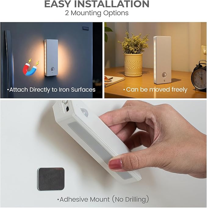 Rechargeable Battery Night Light with Motion Sensor, Cordless Battery-Powered Stick-on Magnet Toilet Lights, Soft Two-Sided Glow, 3CCT Dimmable, for Bedroom, Closet, Stairs (ABS *3pack)