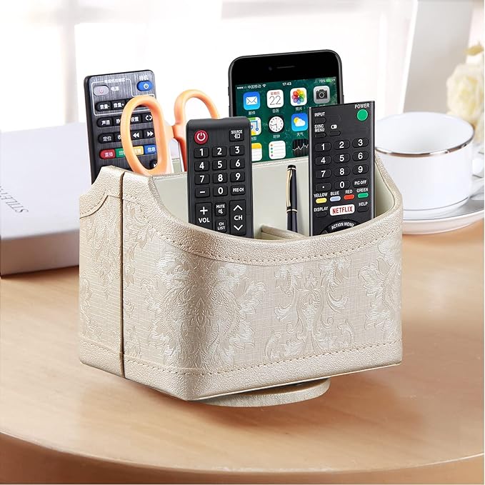 PUSU Leather 360°Rotatable Remote Control Holder,Nightstand TV Remote Caddy,Office Supplies Desktop Organizer,Spinning Storage Box for Pen,Mail,Phone,DVD, Blu-Ray, Media Player, Heater Controllers